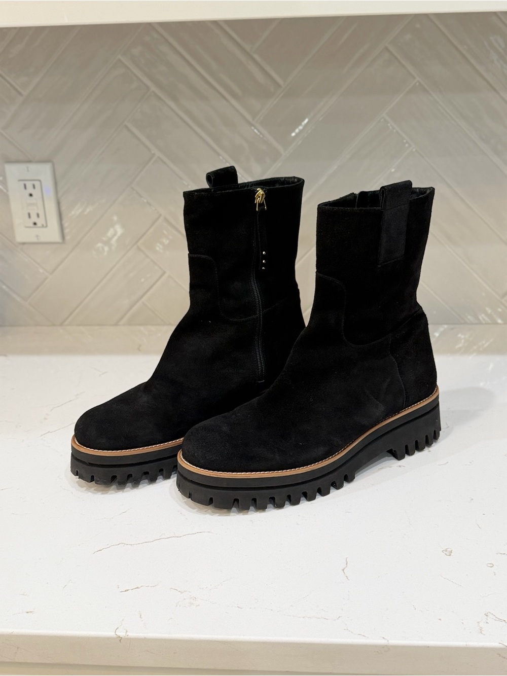 Paloma Barceló Black Suede Chunky Lug Sole Ankle Boots Designer Combat Goth